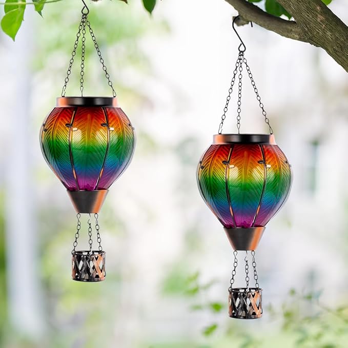 Starsoul 2PCS Hot Air Balloon Solar Lantern Colorful Solar Hot Air Balloon Lantern with Flame Light Waterproof Hanging Outdoor Lantern with Candle Holder for Patio Garden Yard Farmhouse Decor-VerdiqueGarden
