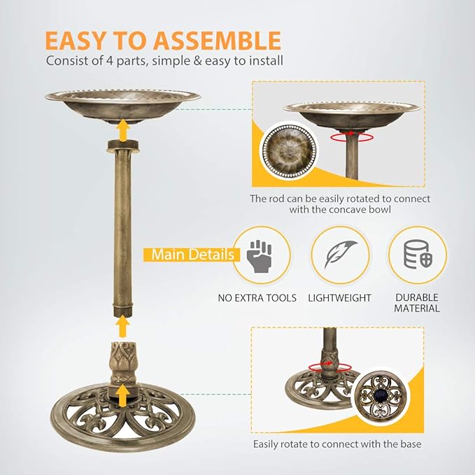 VIVOHOME 28 Inch Height Polyresin Lightweight Antique Outdoor Garden Bird Bath Copper-VerdiqueGarden