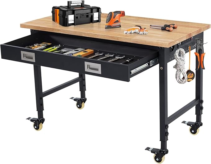 48x24 Inch Heavy-Duty Adjustable Workbench with Rubber Wood Top – 2000LB Capacity Mobile Garage Workstation with Drawer, Ideal for Workshop, DIY & Tool Storage-VerdiqueGarden