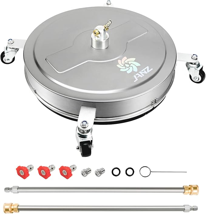 JANZ 20'' Pressure Washer Surface Cleaner with 4 Wheels, Stainless Steel Housing, 1/4" Quick Plug, 2 Extension Wands, 2 Replacement Nozzles and 3 Spray Nozzles, 4000 PSI-VerdiqueGarden