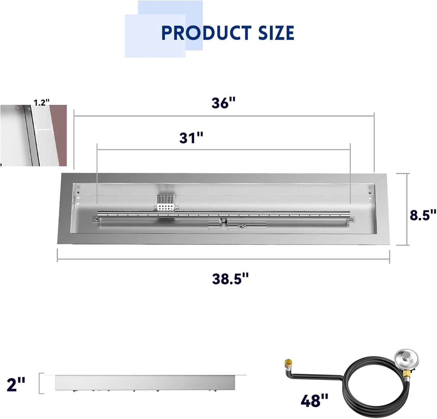 Skyflame 36" Linear Stainless Steel Fire Pit Drop-in Burner Kit with Flame Sensing, Electronic Spark Ignition, CSA Certified, and Propane Regulator Connector Hose Set for Propane Tank-VerdiqueGarden