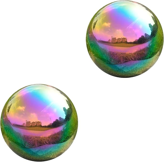 Nerien Gazing Ball, 3.9" Stainless Steel Garden Mirror Globe, Polished Ornament Sphere, Hollow Floating Reflective Hemisphere, Home Outdoor Pond Housewarming Swimming Pool Decoration, Rainbow, 2pcs-VerdiqueGarden