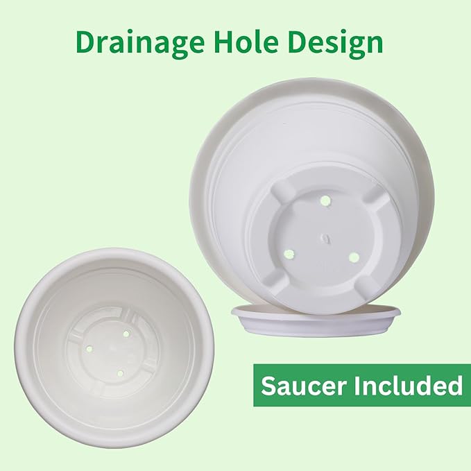 5 Packs 10 inch Plant Pots + Saucer, Planters for Indoor & Outdoor Plants with Drainage Holes | Plastic Flower Pots, Large Planter (White, 10 inch)-VerdiqueGarden