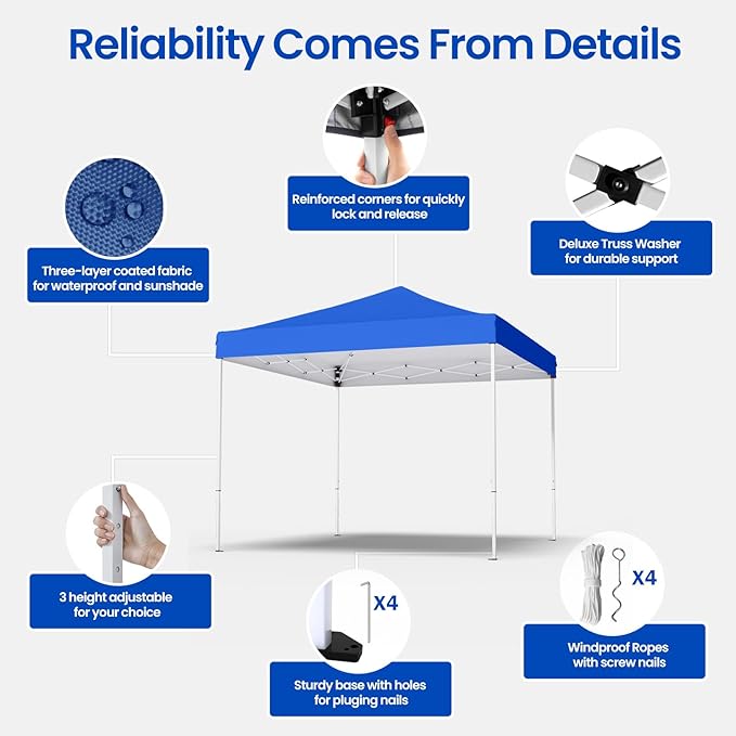 10x10ft Pop Up Canopy Tent,Heavy Duty Waterproof Folding Tent for Camping Parties Events Parties,Outdoor Canopy,Portable Sun Shelter,3 Adjustable Height(Blue)-VerdiqueGarden