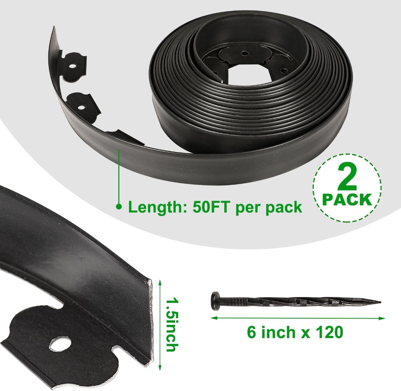 1.5 Inch Garden Edging Border 100FT, Plastic Edging for Landscaping with 90pcs Spikes-VerdiqueGarden