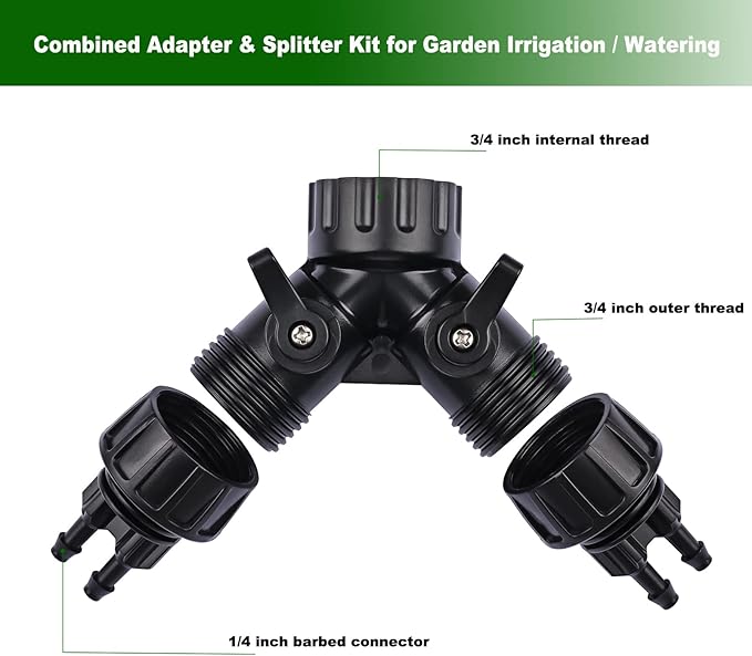 1/4 Inch Drip Irrigation Tubing to Faucet Adapter Connector, 2 Way Y Splitter for 3/4" Inch Garden Hose to 1/4 Inch Drip Irrigation Hose-VerdiqueGarden