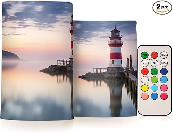Lighthouse Flameless Candles with Remote Control and Timer, Adjustable Brightness Long Lasting Battery Operated LED Pillar Candles for Indoor Outdoor Party Home Decor, 2 Pack-VerdiqueGarden