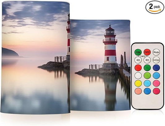 Lighthouse Flameless Candles with Remote Control and Timer, Adjustable Brightness Long Lasting Battery Operated LED Pillar Candles for Indoor Outdoor Party Home Decor, 2 Pack-VerdiqueGarden