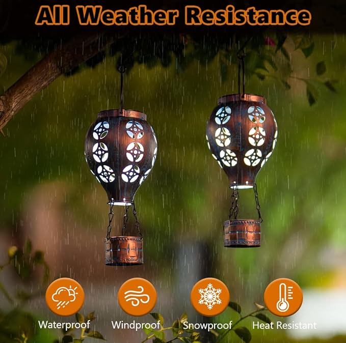 Hot Air Balloon Solar Lantern for Garden Decor,2 Pack Matal Hanging Lantern,Outdoor Metal LED Solar Lights for Yard Patriotic Trees Decor-VerdiqueGarden