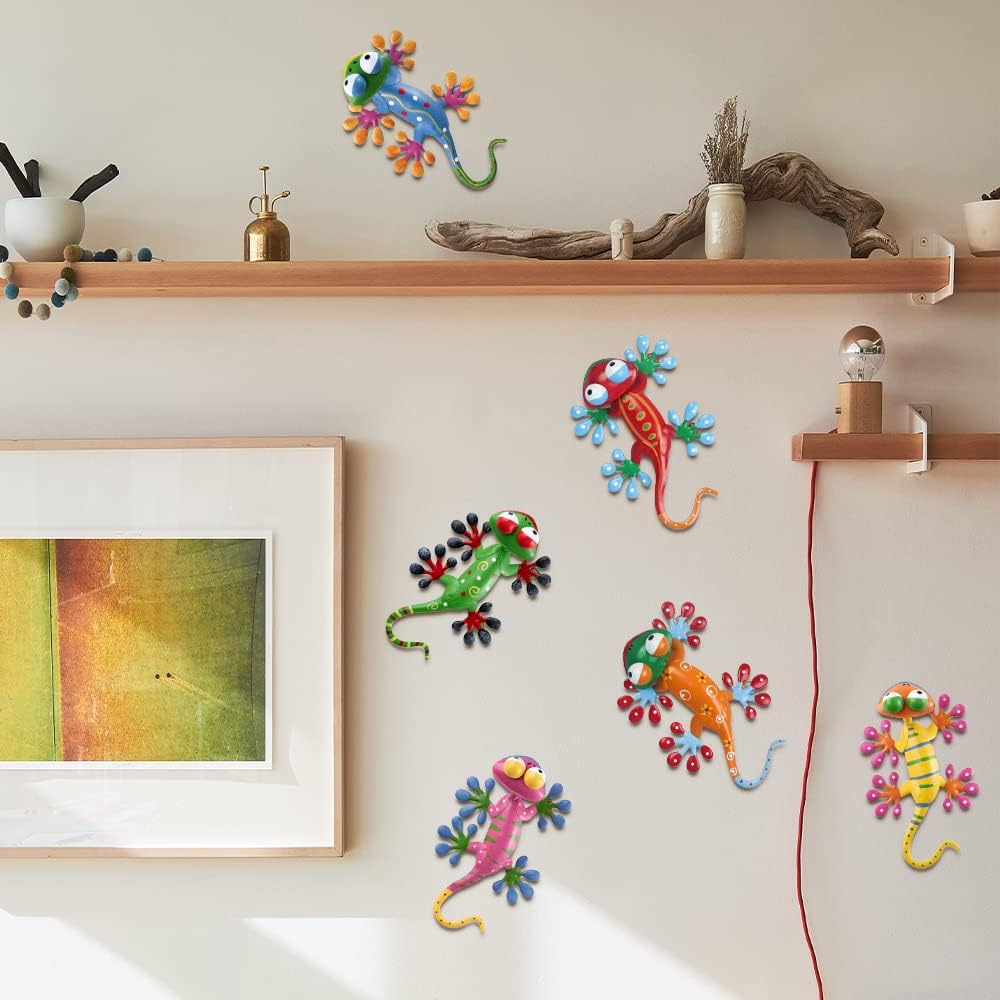 hogardeck Metal Gecko Outdoor Wall Decor, 6 Pack Lizard Wall Art Garden Sculptures & Statues with Free-adjustable Head Outdoor Spring Decor for Front Yard Fence Patio-VerdiqueGarden