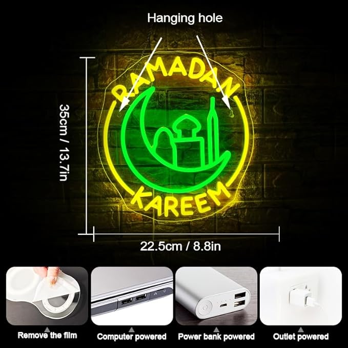 Ramadan Kareem Neon Sign Ramadan Decoration Neon Signs for Wall Decor Dimmable Ramadan Mubarak Neon Lights LED Light Up Sign for Islamic Bedroom Living Room Ramadan Celebration Gift Muslim Party-VerdiqueGarden