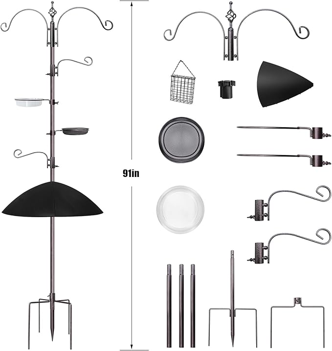 Bird Feeder,91in 4 Hook Bird Feeder Pole with Squirrel Baffle,Bath and Mesh Tray,Steel Multi-Feeder Kit Stand for Attracting Wild Birds, Easy Assembly for Courtyards (Weld, Black 91IN)-VerdiqueGarden