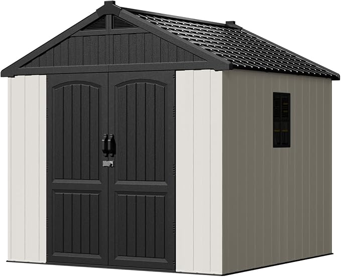 Patiowell 8 x 8 FT Plastic Outdoor Storage Shed with Floor, Resin Shed with Window and Lockable Door for Garden, Backyard, Tool Storage Use, Easy to Install in Beige (Kick-it Shed)-VerdiqueGarden
