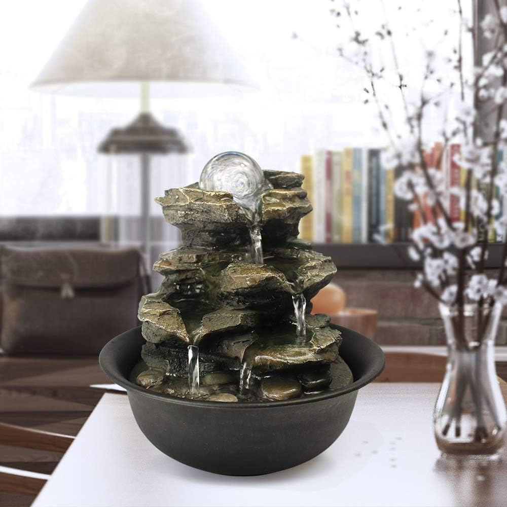 Spinning Orb Rock Cascading Tabletop Fountain, Zen Meditation Indoor Waterfall Feature with LED Light for Home Office Bedroom Relaxation-VerdiqueGarden