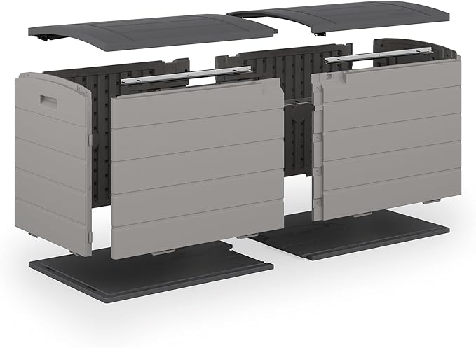 Suncast 120-Gal. All-Weather Patio Deck Box with Pad-Lockable Split Top Lid, Extra-Large Outdoor Storage Unit for Patio Furniture and Grill Tools, Made in the USA-VerdiqueGarden