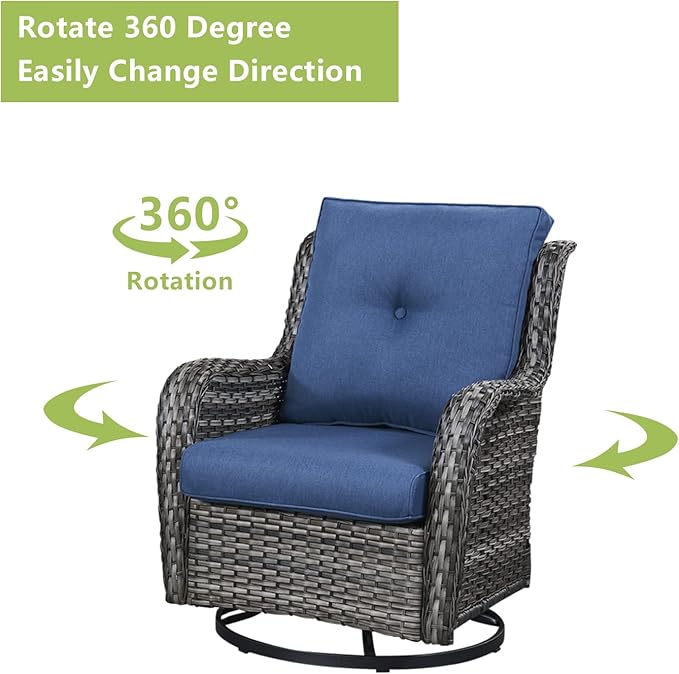 Outdoor Wicker Patio Furniture Set - 6 Piece Rattan Patio Conversation Set with 2 Rocking Swivel Chairs,2 Ottomans,1 Loveseat and 1 Coffee Table for Porch Deck Backyard Garden(Mixed Grey/Blue)-VerdiqueGarden