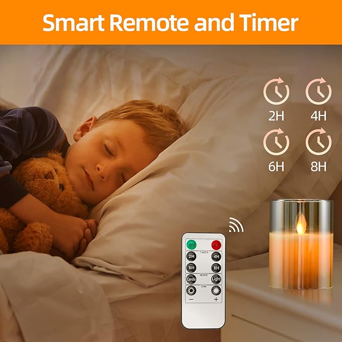 JOSU Flameless Candles 4" 5" 6" Set of 3 Outdoor Indoor Fake Pillars Gold Glass LED Battery Operated Candles Include 10-Key Remote Timer for Wedding Party Halloween Christmas Thanksgiving Fall Diwali-VerdiqueGarden