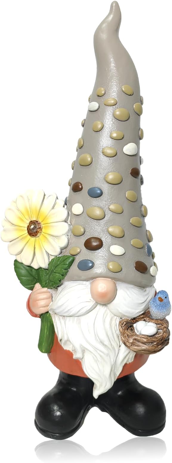 12 Inch Solar Garden Gnome Statue Clearance with Sunflower and Bird's Nest Light – Outdoor High Hat Gnome Sculpture Outdoor Statue for Patio and Garden Decor – Figurine Gift for Gnome Lovers-VerdiqueGarden
