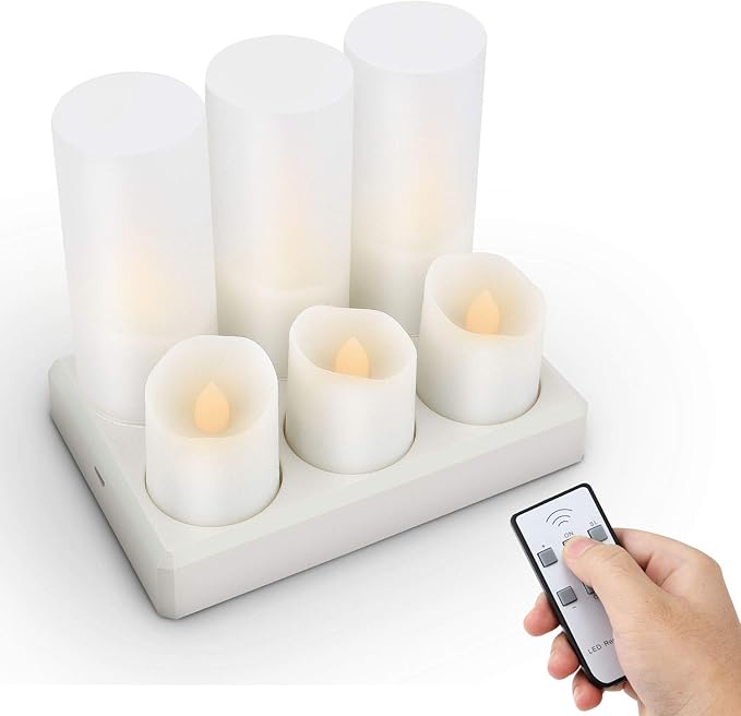 Rechargeable Tea Lights LED Flameless Christmas Candles, Set of 6 Electric Votive Tealights Flickering Candle with Remote Timer and Charging Holder for Home Centerpiece Party Holiday Decorations-VerdiqueGarden