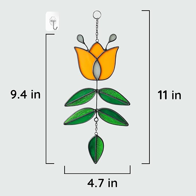 Tulip Stained Glass Suncatcher, Valentines Day Gifts, Folk Flower Stained Glass Window Hanging Sun Catcher, Retro Home Decor, Window Decorations for Plant Lovers, 9.4" x 4.7"-VerdiqueGarden
