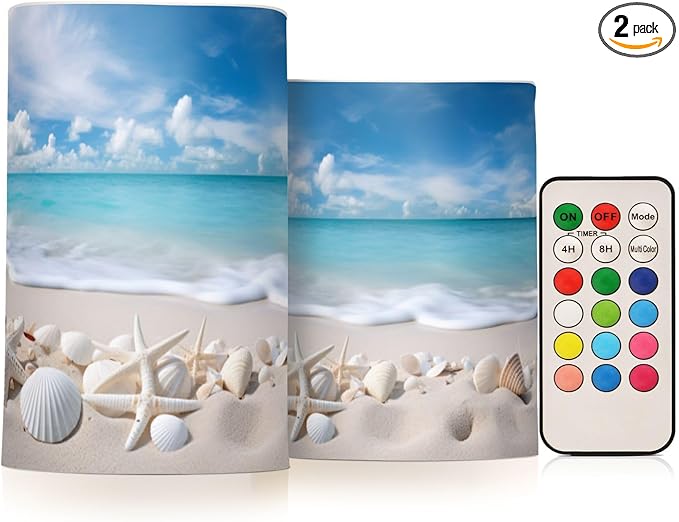 Flickering Flameless Candles, Starfishes Seashells Beach Blue Sky LED Candles with Remote Timer, Set of 2 Battery Operated Candle for Valentine Wedding Birthday-VerdiqueGarden