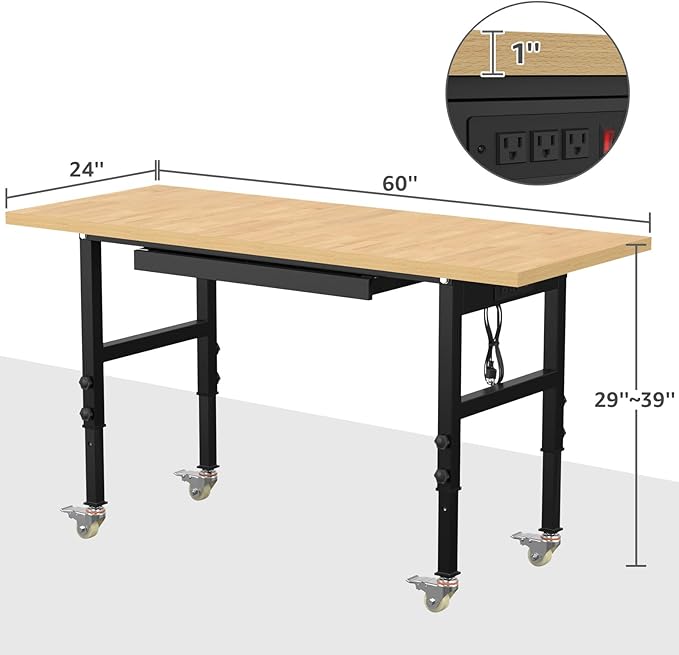 60" Adjustable Workbench,Heavy-Duty Work Table,3000 LBS Load Capacity Particleboard Hardwood Workstation Outlets with Power Strips, Drawers and Wheels,for Workshop, Garage-VerdiqueGarden