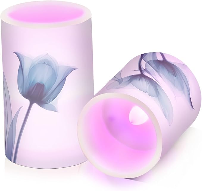 Flickering Flameless Candles, Blue Tulip Flower LED Candles with Remote Timer, Set of 2 Battery Operated Candle for Valentine Wedding Birthday-VerdiqueGarden