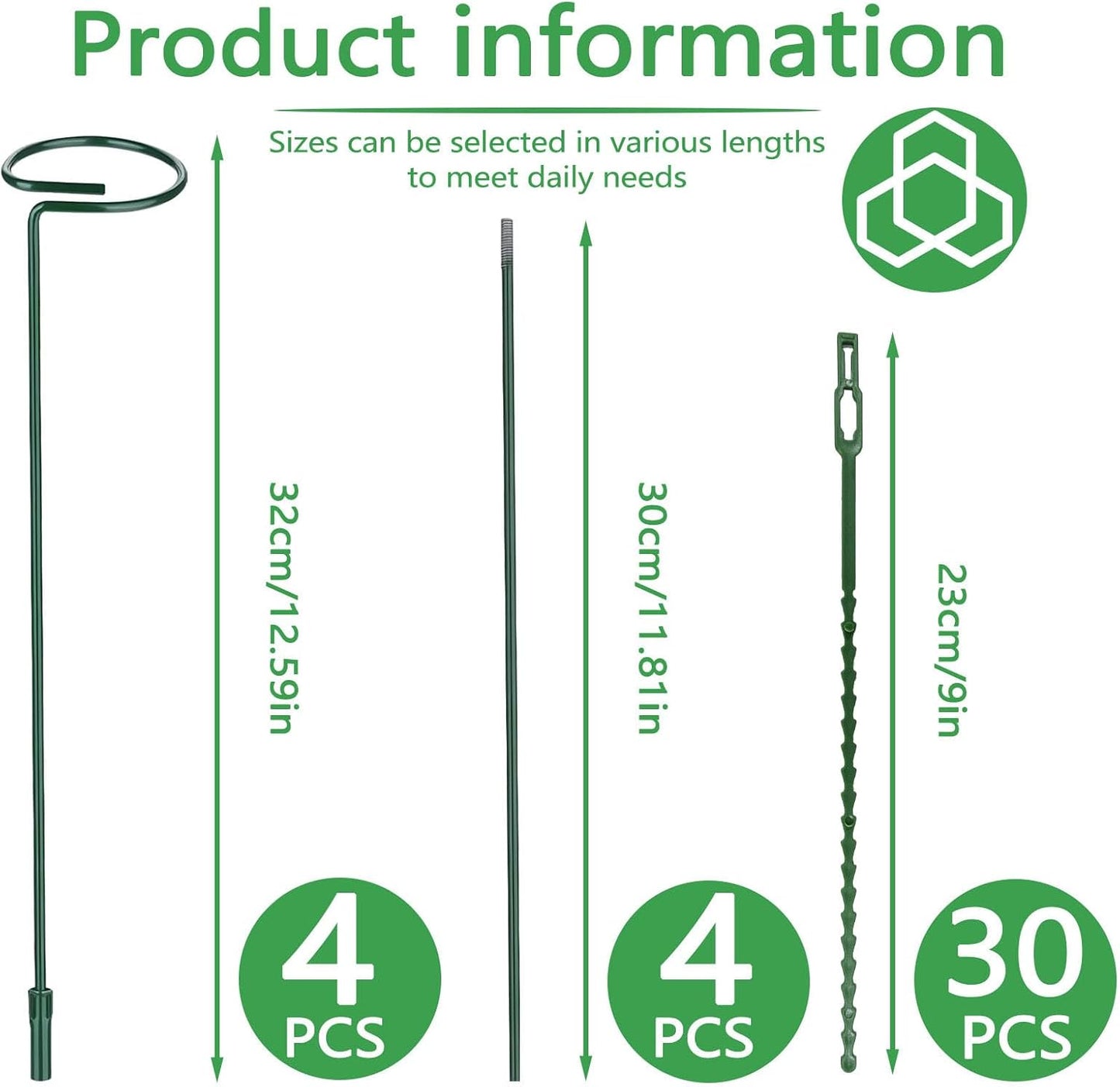 Huakaile 4 Packs Adjustable 23.6" Plant Stakes and Supports with 30 Pieces 9" Twist Ties, Green Plant Holder Stick Outdoor Indoor, Metal Flower Support Stakes Rings for Gardens Vegetables (60 cm)-VerdiqueGarden