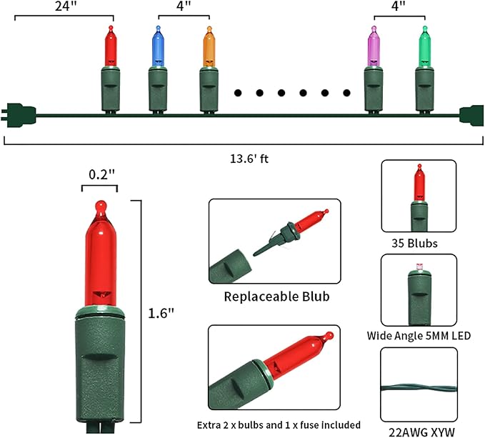 Multicolor LED Christmas Lights - 35 Count Multi-Colored Christmas String Lights for Small Tree, Crafts, Holiday, Indoor/Outdoor Decorations, 11 Feet Green Wire, UL Certified, Connectable-VerdiqueGarden