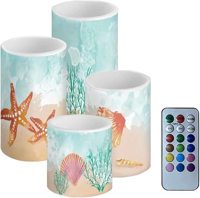 Beach Flameless Candles Battery Powered with Multicolor Timer Remote Control Everlasting Fake Candles for Coastal Marine Garden Indoor Outdoor Decor, Starfish Seashell Coral-VerdiqueGarden