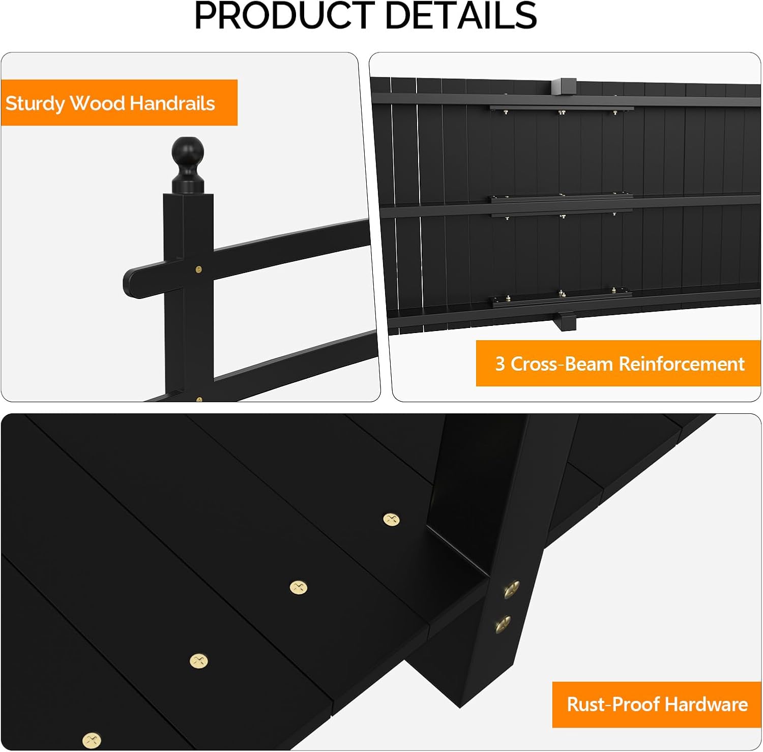 VINGLI Garden Bridge, Classic Wooden Arch with Safety Rails Footbridge (Black, 7.5 ft)-VerdiqueGarden