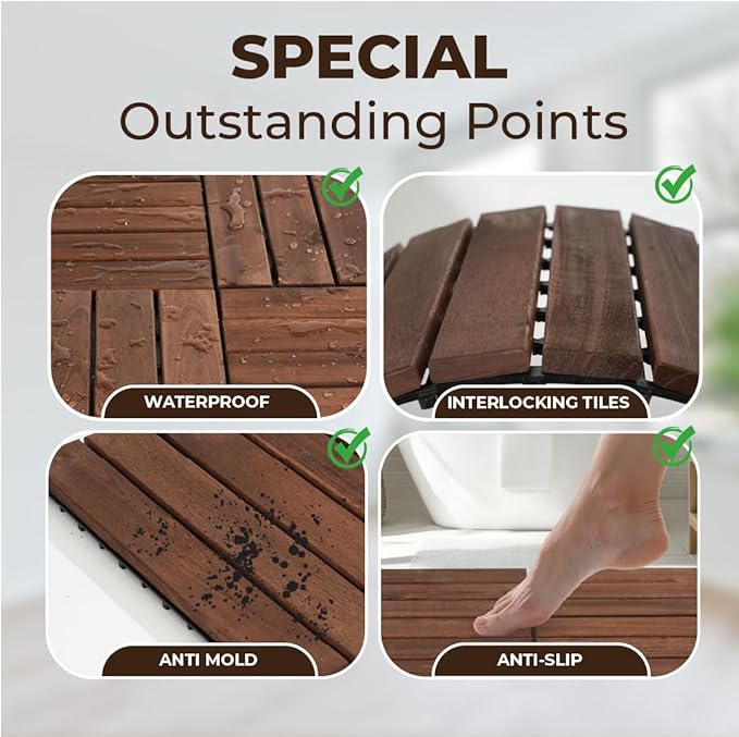 Pack of 10 Deck Tiles - 12"x12" Interlocking Natural Solid Acacia Wood for Outdoor & Indoor, Patio Garden, Balcony, Poolside - Brown Color-VerdiqueGarden
