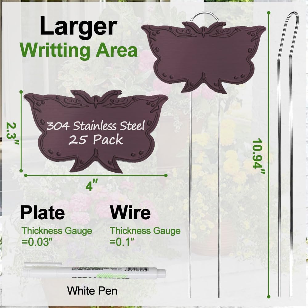 Metal Plant Labels, Tall Outdoor Butterfly Garden Markers for Flowers, Fruits and Vegetables, 304 Stainless Steel Weatherproof Signs (25 Packs, 4" x 2.3", Purplish Red Butterfly Design)-VerdiqueGarden