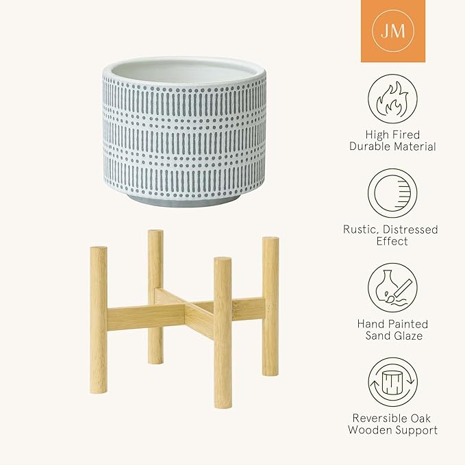 LA JOLIE MUSE Ceramic Plant Pot with Wood Stand - 9.4 Inch Modern Round Decorative Flower Pot Indoor with Wood Planter Holder, Slate Blue and White-VerdiqueGarden