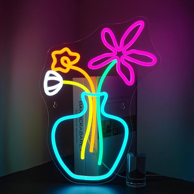 Flower Vase Neon Sign,Dimmable Neon Lights,Neon Flowers Sign for Wall Decor,Anime Flower Shape USB Connectivity Light Up Neon for Kids Room Girls Room Bar Birthday Party-VerdiqueGarden