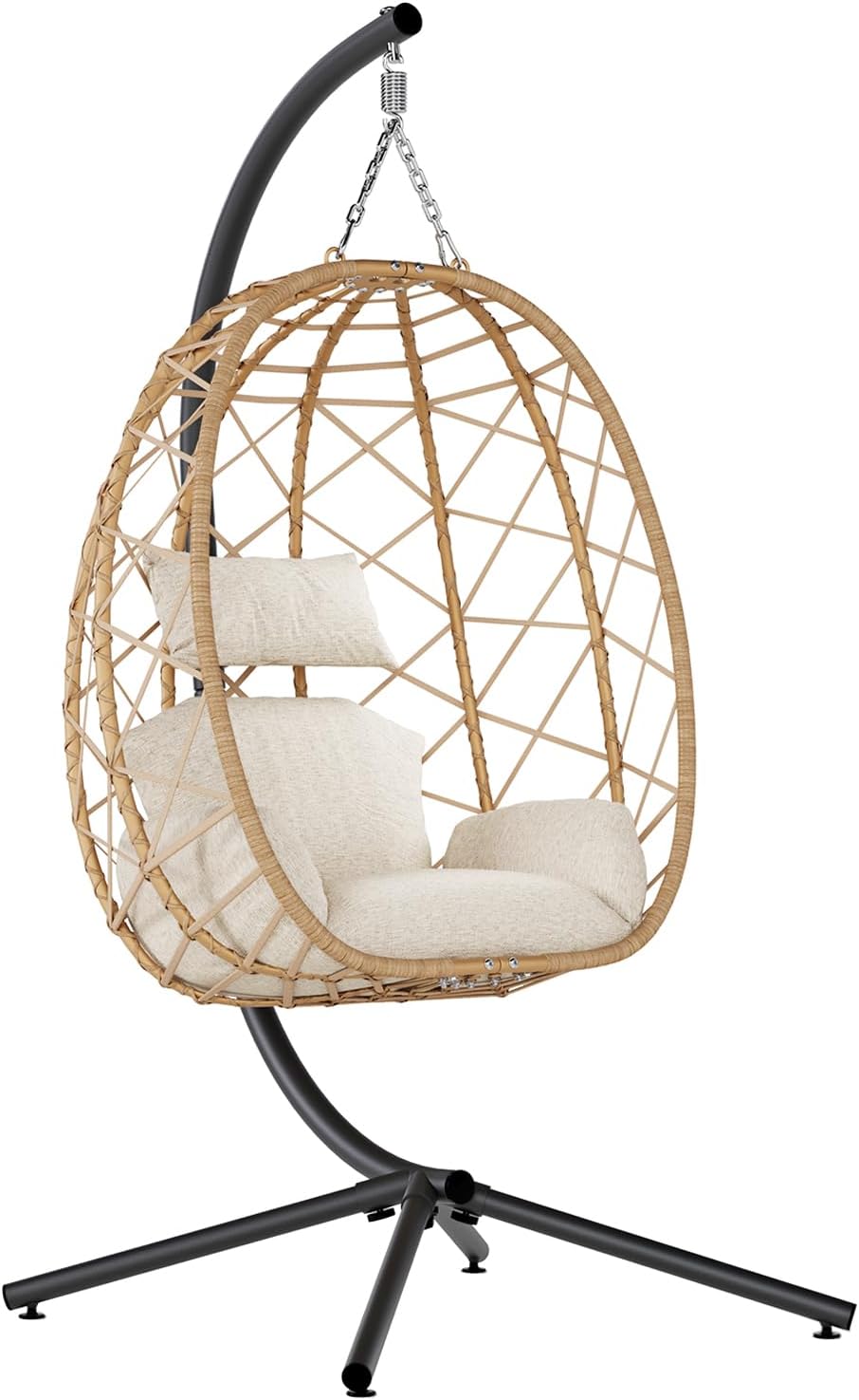SWITTE Egg Swing Chair with Stand, Outdoor Patio Hanging Egg Chair, Indoor Hammock Chair with Cushion for Garden Backyard, 400LBS Capacity-Beige-VerdiqueGarden