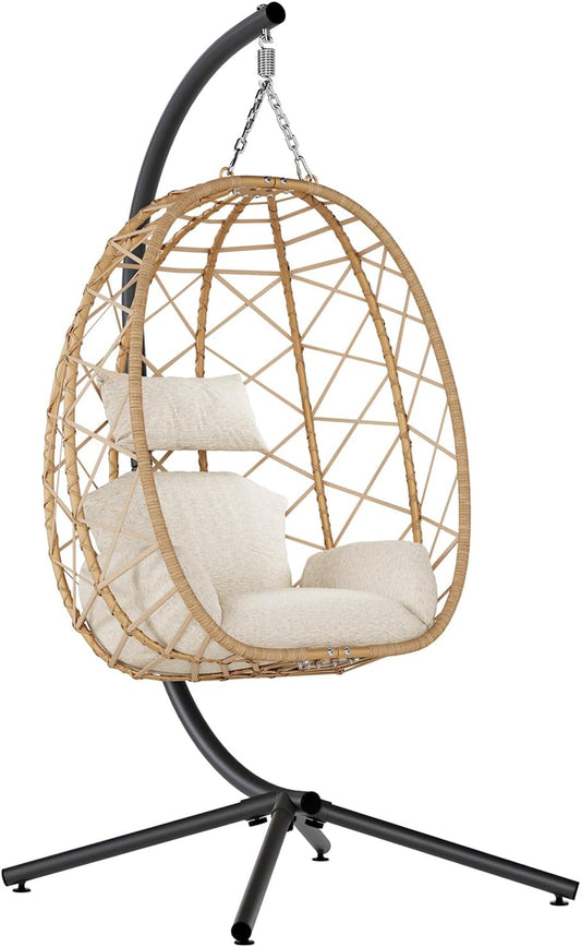 SWITTE Egg Swing Chair with Stand, Outdoor Patio Hanging Egg Chair, Indoor Hammock Chair with Cushion for Garden Backyard, 400LBS Capacity-Beige-VerdiqueGarden