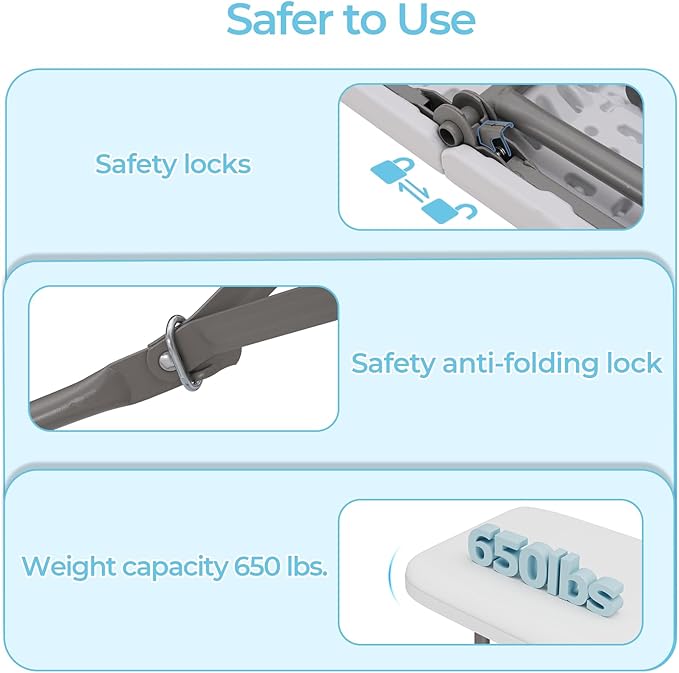 6ft HDPE Folding Bench, Foldable Seat with Sturdy Frame and Security Lock for Indoor and Outdoor, Multipurpose Entertaining Activities, Portable and Easy to Store, 2 Pack, White-VerdiqueGarden