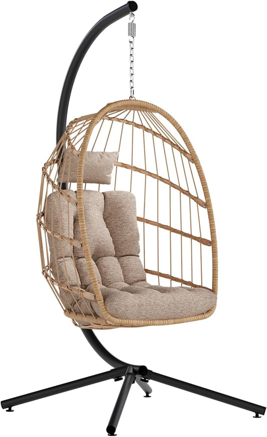 SWITTE Egg Chair Outdoor with Stand, Indoor Wicker Hanging Egg Swing Chair with Cushion, 350lbs Capacity for Patio, Bedroom, Garden - Cream-VerdiqueGarden