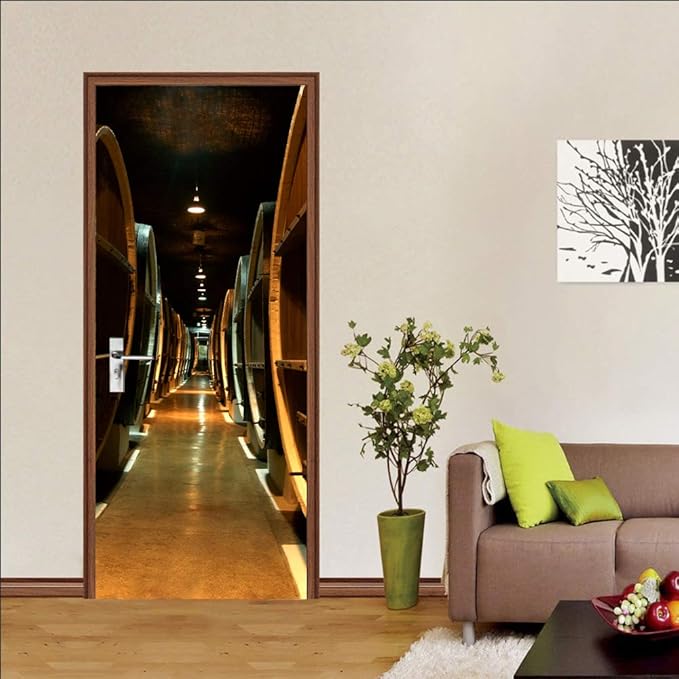 3D Door Stickers Murals - Peel & Stick Wine Cellar Theme - Removable PVC Waterproof Door Poster (31.5" x 78.7")-VerdiqueGarden