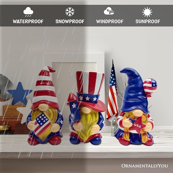 Spring & Summer-Themed Garden Statues – Adorable Outdoor Decor for Lawn, Patio & Porch (Patriotic Gnome Trio Figurines, 6" Set of Three Garden Statues and July 4th Decoration)-VerdiqueGarden