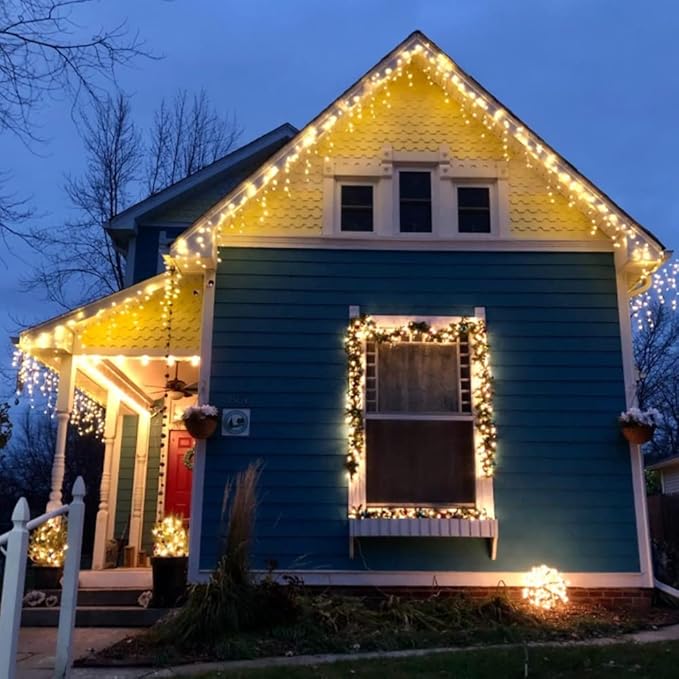 YASENN Bluetooth APP Icicle Lights LED Christmas String Light Icicle Style 300 LED 30ft Fairy Lights 60 Drops Icicle Lights for Indoor Outdoor Decorations(Warm White)-VerdiqueGarden