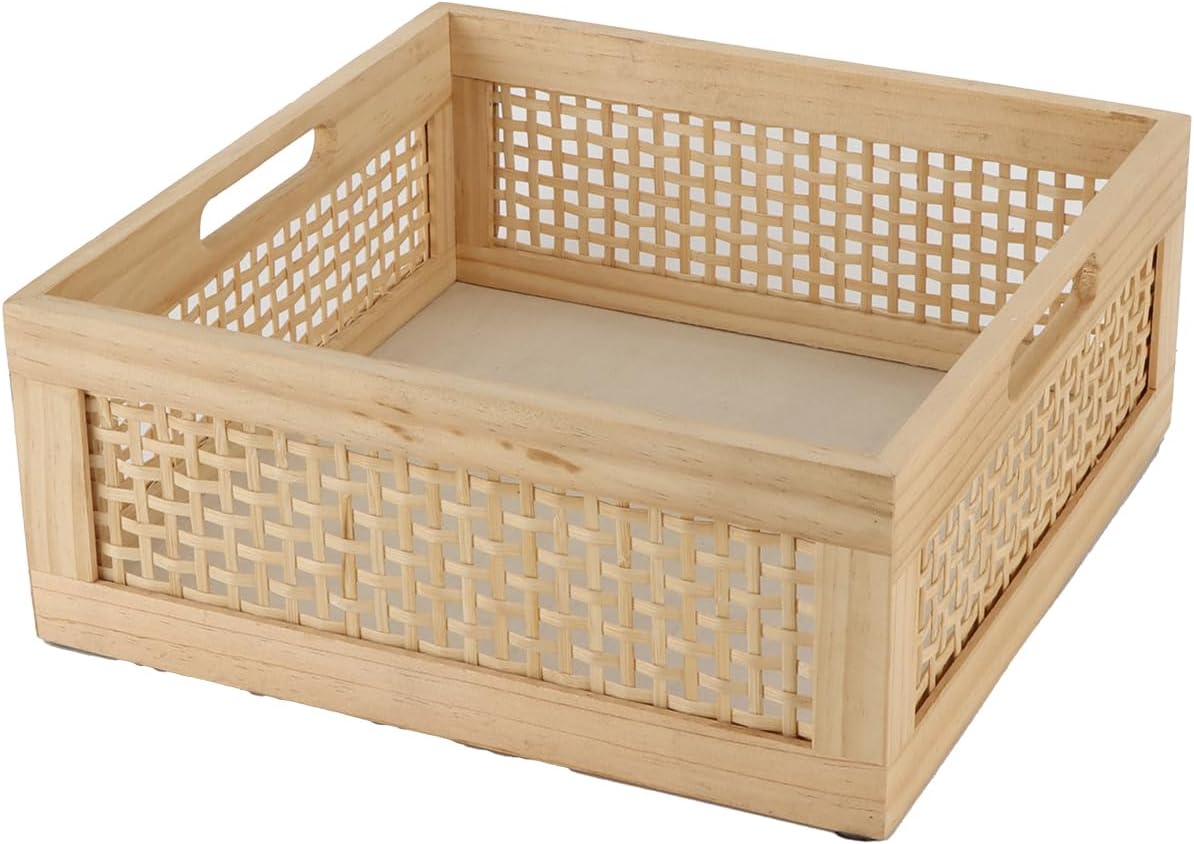 YRMT Wood Storage Crate Basket Rustic Wooden Storage Container for Organizing Decorative Bamboo Box with Handles for Pantry, Shelves Organizer 11.4" x 11.4" x 5" (Natural)-VerdiqueGarden