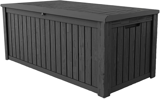 180 Gallon Lockable Resin Deck Box, Waterproof & UV-Resistant Outdoor Storage Box for Outdoor Cushion Storage, Garden Tools & Pool Accessories Storage, Black-VerdiqueGarden