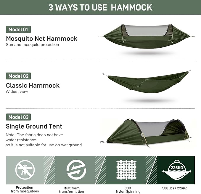 ETROL Camping Hammock with Mosquito Net,3 in 1 Function Parachute Portable Hammock,Double & Single Hammocks Tent for Travel Outdoor Indoor Hiking Patio - with Tree Straps,Carabiners,Aluminium Poles-VerdiqueGarden