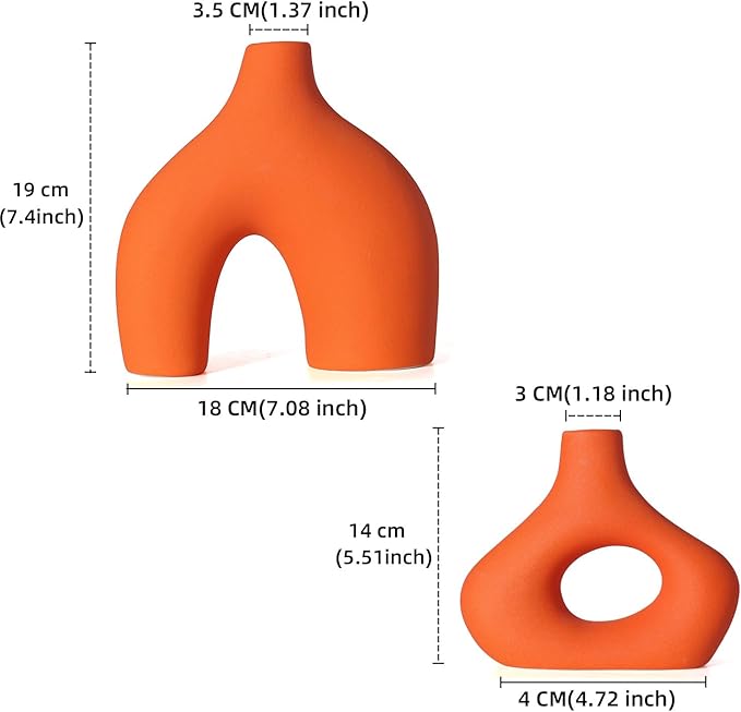 CEMABT Orange Ceramic Vase Set of 2 for Modern Minimalist Bohemian Decor，Round Matte Donut Vases for Pampas Grass-Perfect for Living Room, Dining Table, Office Bedroom Shelf Decor Entryway, Console-VerdiqueGarden