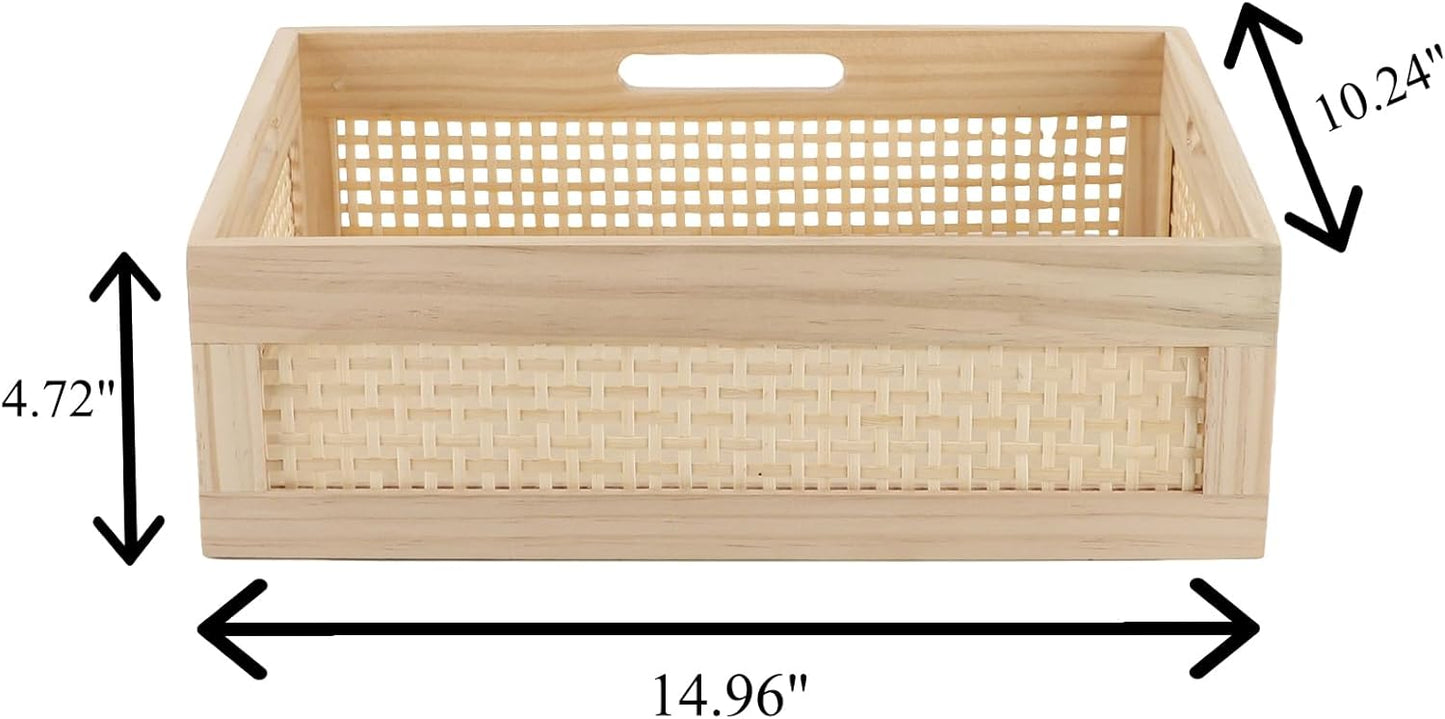 YRMT Wooden Baskets Shallow Wood Storage Basket Crate with Handles Decorative Storage Bins Organizer Rustic Farmhouse Countertop Basket for Shelves,Pantry,Kitchen-VerdiqueGarden