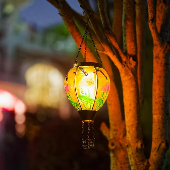 Starsoul Starsoul Dragonfly Hot Air Balloon Solar Lantern Glass Outdoor Hanging Hot Air Balloon Solar Flickering Flame Light Waterproof Garden Patio Yard Party Decorations-VerdiqueGarden