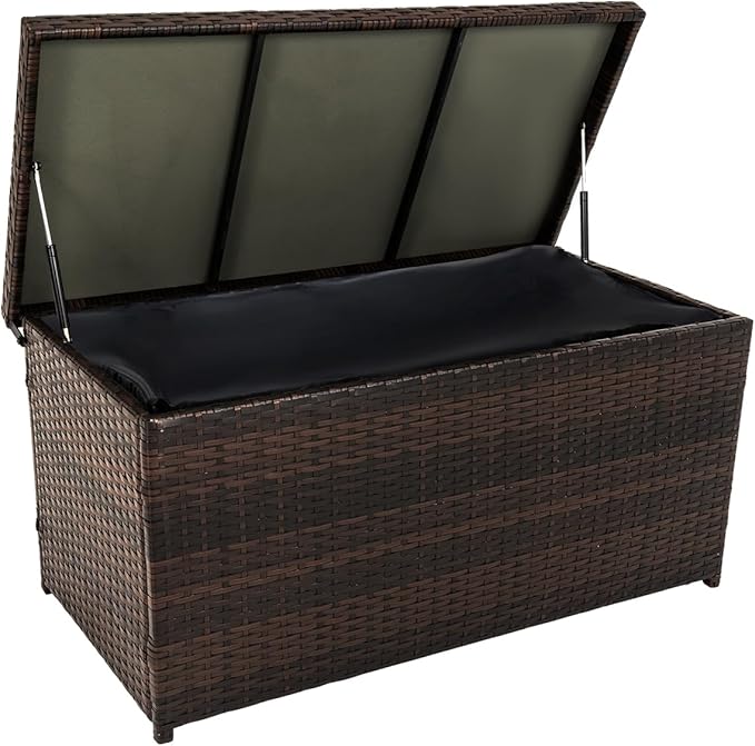 Outdoor 70 Gallon Wicker Storage Box with Waterproof Liner, Patio PE Rattan Storage Container for Outside, Deck Box with Hinged Lid for Cushions, Pillows, Towels, Horizontal Bin, Brown-VerdiqueGarden