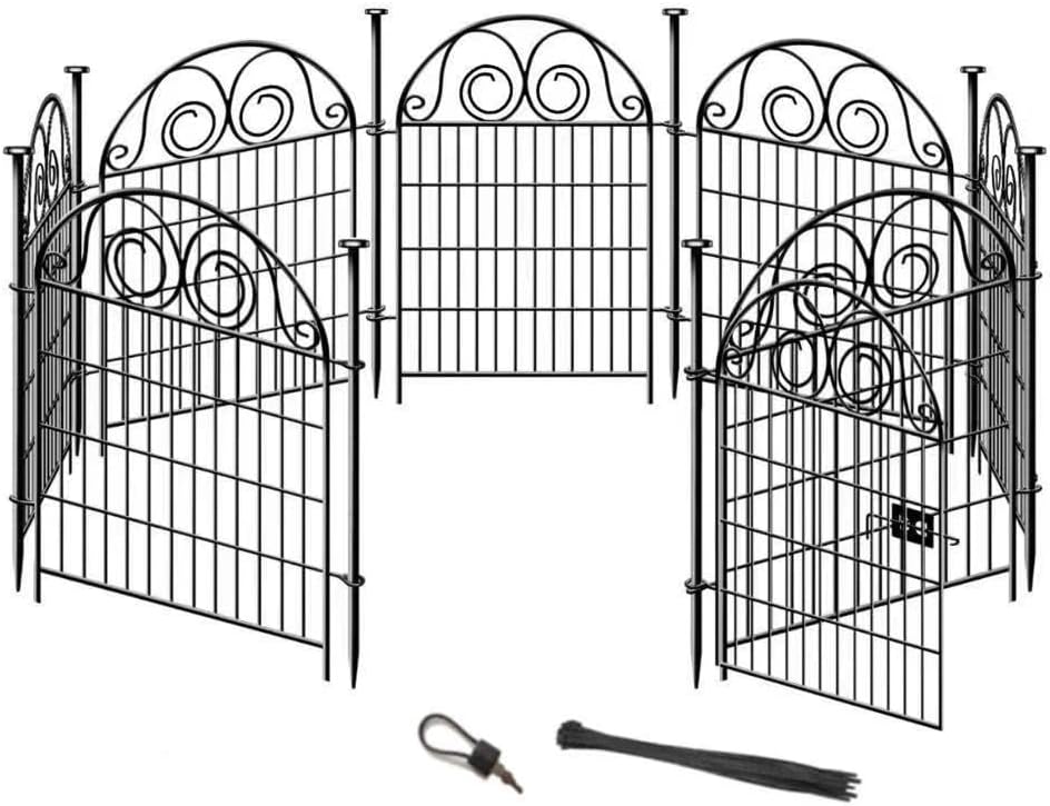 Tall Garden Animal Barrier Fence With Gate, 32 in(H)×27 in(L) 8 Panels Dog Digging Fencing Barrier, Black Metal Temporary Fence, Reusable Defense Fences For Outdoor Yard. Total 17.5 Ft│Patented-VerdiqueGarden